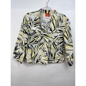 Hearts of Palm Jacket Womens Sz 14P White‎ Yellow Blk Leaves Cotton Blend Collar